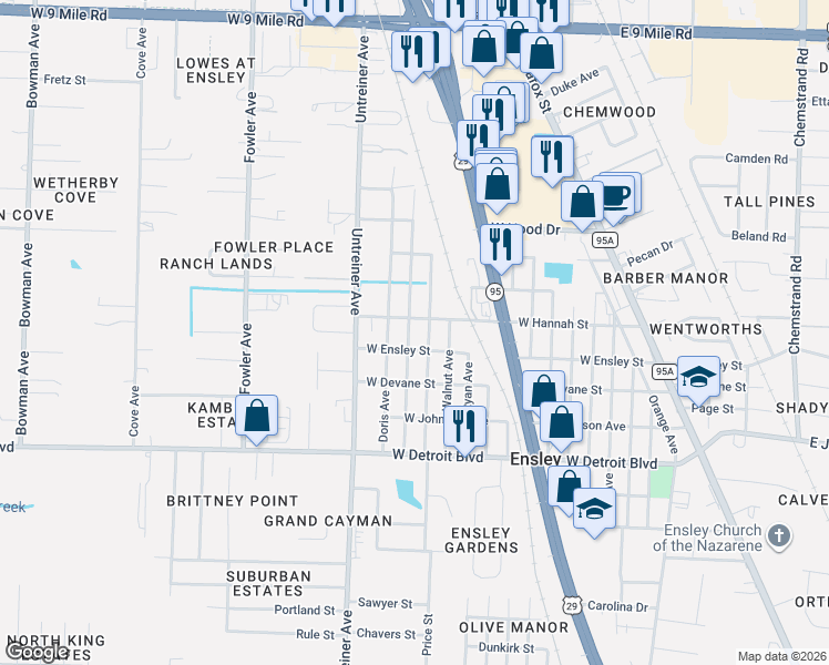 map of restaurants, bars, coffee shops, grocery stores, and more near 8702 Figland Avenue in Pensacola