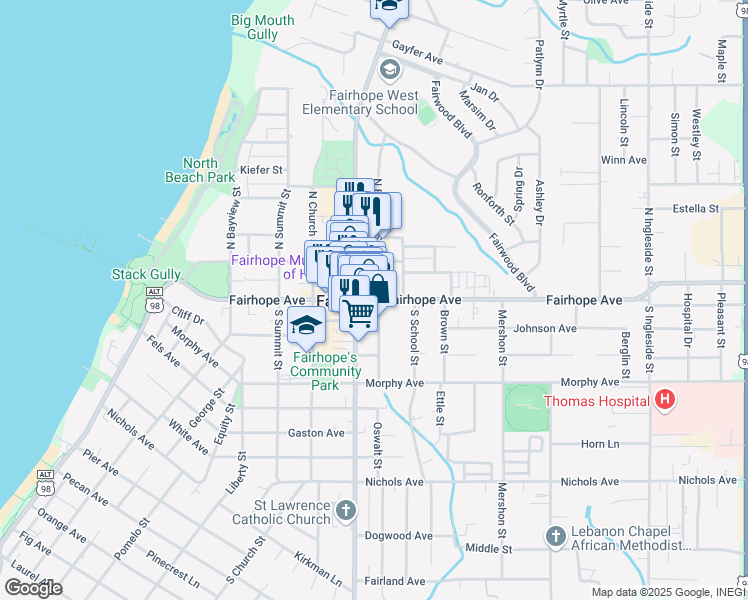 map of restaurants, bars, coffee shops, grocery stores, and more near 440 Fairhope Avenue in Fairhope