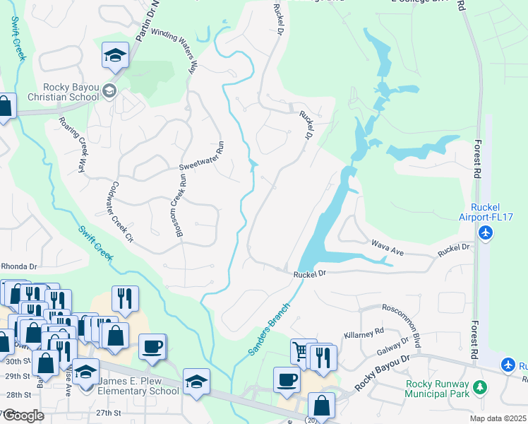 map of restaurants, bars, coffee shops, grocery stores, and more near 452 Ruckel Drive in Niceville