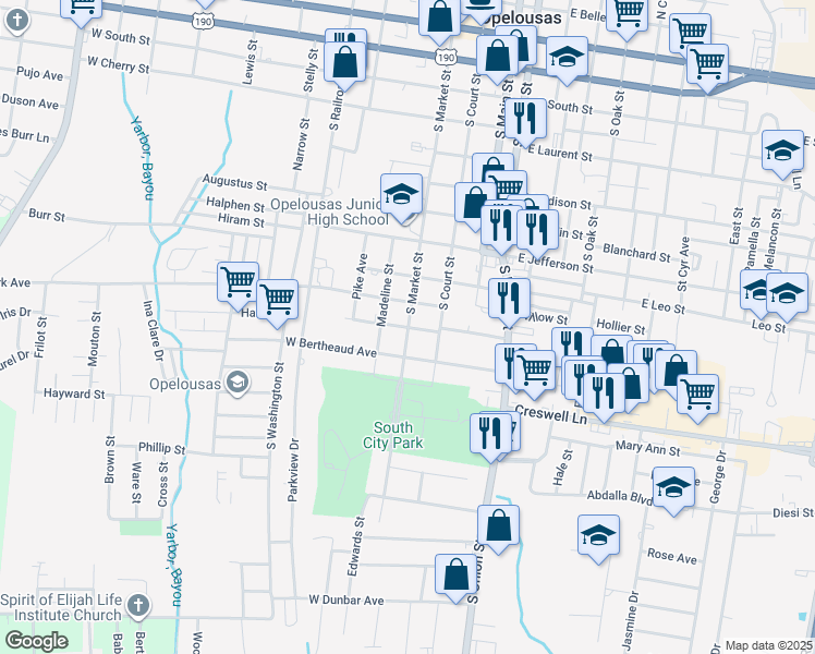 map of restaurants, bars, coffee shops, grocery stores, and more near 200 West Tennis Street in Opelousas