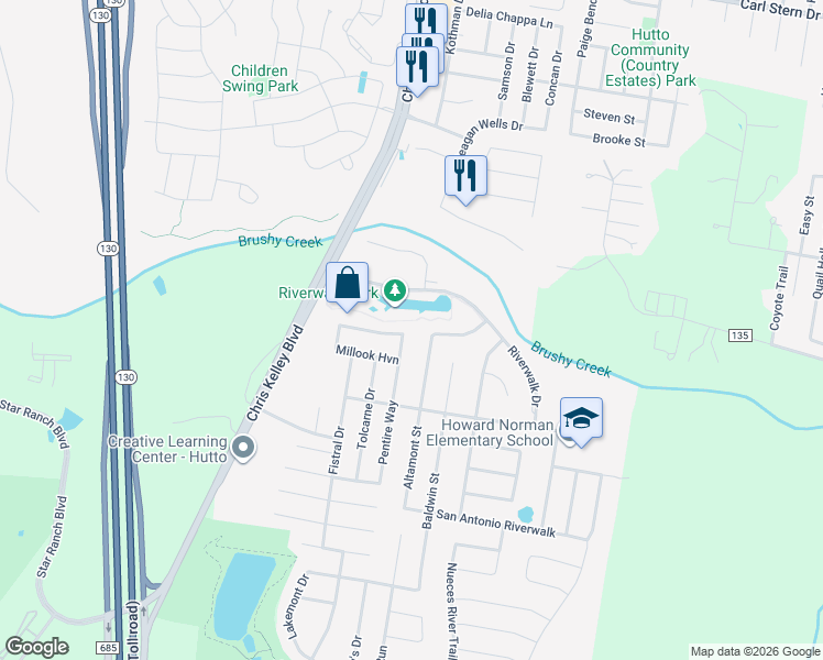 map of restaurants, bars, coffee shops, grocery stores, and more near 103 Pentire Way in Hutto