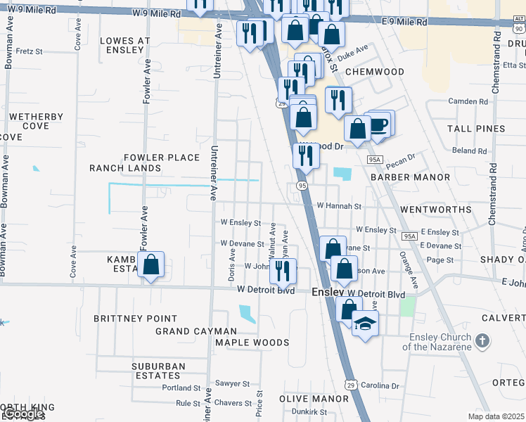 map of restaurants, bars, coffee shops, grocery stores, and more near 8640 Rose Avenue in Pensacola