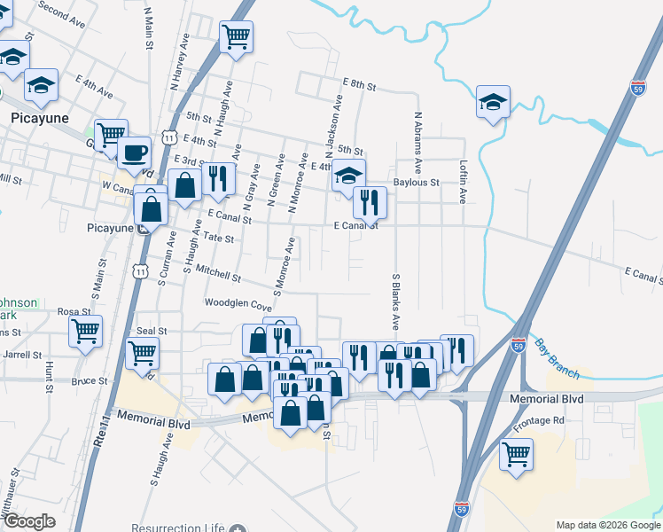 map of restaurants, bars, coffee shops, grocery stores, and more near 201 South Jackson Avenue in Picayune
