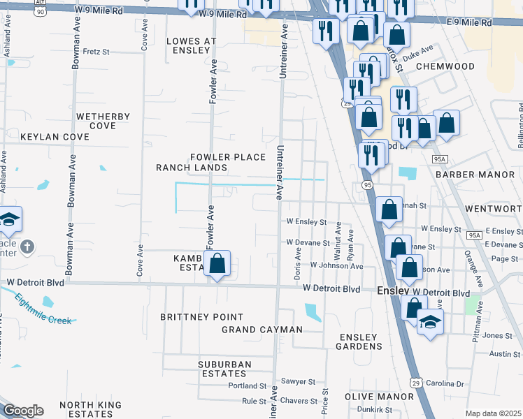 map of restaurants, bars, coffee shops, grocery stores, and more near 8611 Untreiner Ave in Pensacola