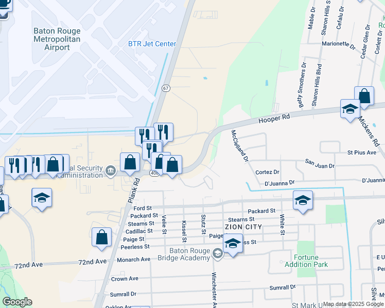 map of restaurants, bars, coffee shops, grocery stores, and more near 4716-4898 Old Hooper Road in Baton Rouge