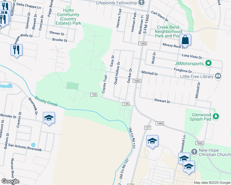 map of restaurants, bars, coffee shops, grocery stores, and more near 211 Madison Lane in Hutto