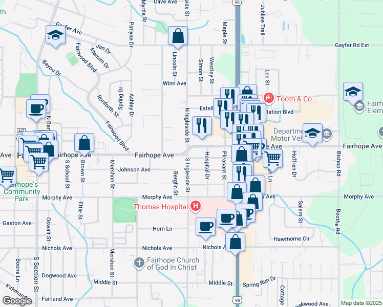 map of restaurants, bars, coffee shops, grocery stores, and more near 751 Prospect Avenue in Fairhope