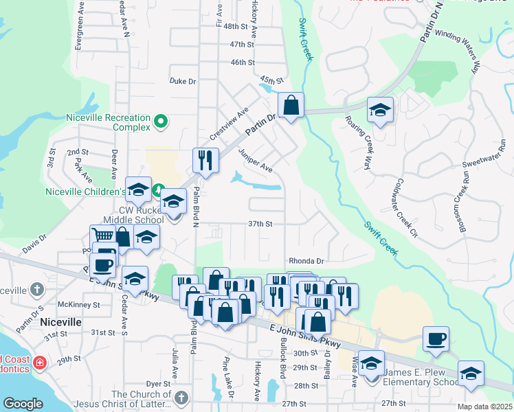 map of restaurants, bars, coffee shops, grocery stores, and more near 241 Honeysuckle Way in Niceville