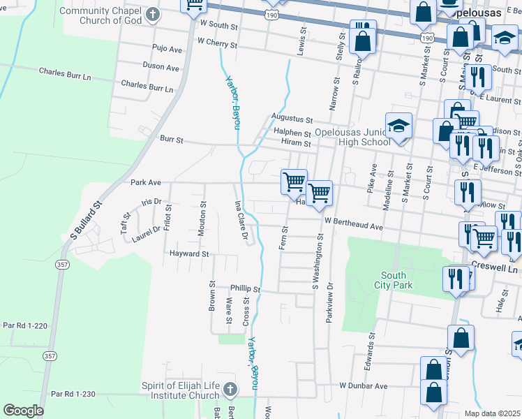 map of restaurants, bars, coffee shops, grocery stores, and more near 743-751 Hall Street in Opelousas