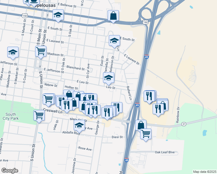 map of restaurants, bars, coffee shops, grocery stores, and more near 1218 East Leo Street in Opelousas