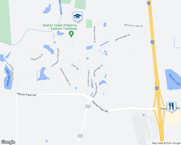map of restaurants, bars, coffee shops, grocery stores, and more near 15821 Canoe Creek Drive in Jacksonville