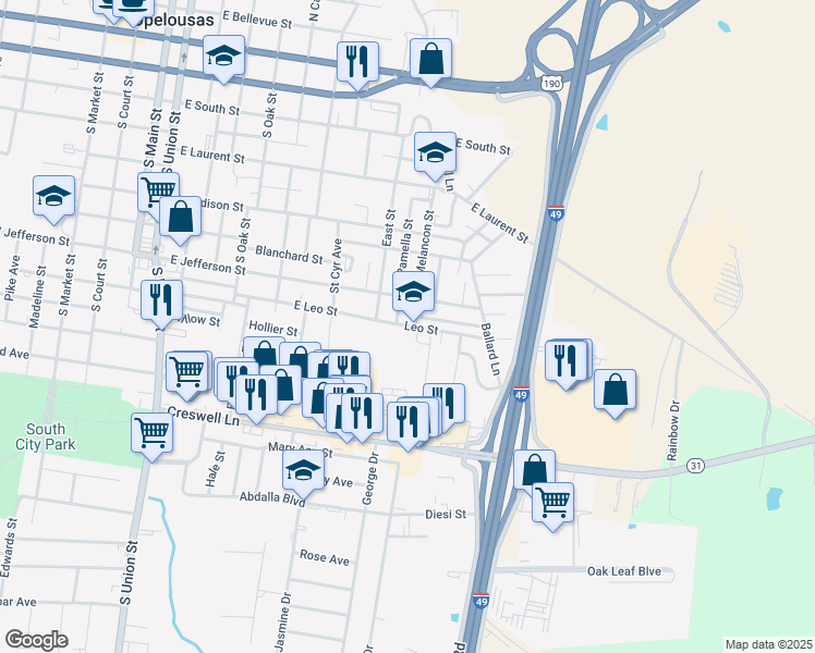 map of restaurants, bars, coffee shops, grocery stores, and more near 1218 East Leo Street in Opelousas