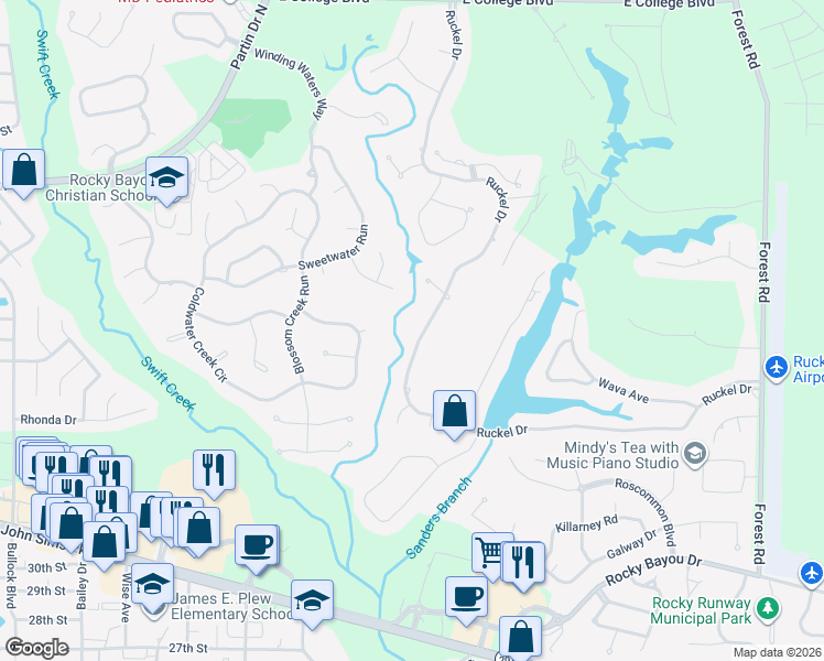 map of restaurants, bars, coffee shops, grocery stores, and more near 453 Ruckel Drive in Niceville