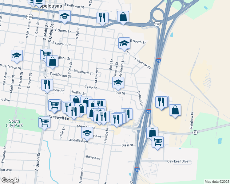 map of restaurants, bars, coffee shops, grocery stores, and more near 1100 East Leo Street in Opelousas