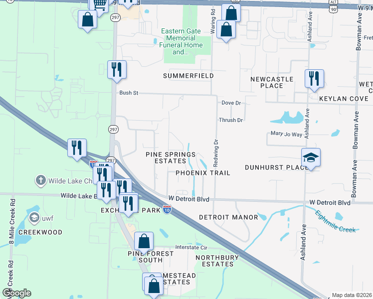 map of restaurants, bars, coffee shops, grocery stores, and more near 8633 Kingfisher Lane in Pensacola