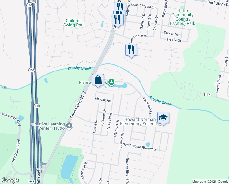 map of restaurants, bars, coffee shops, grocery stores, and more near 103 Pentire Way in Hutto