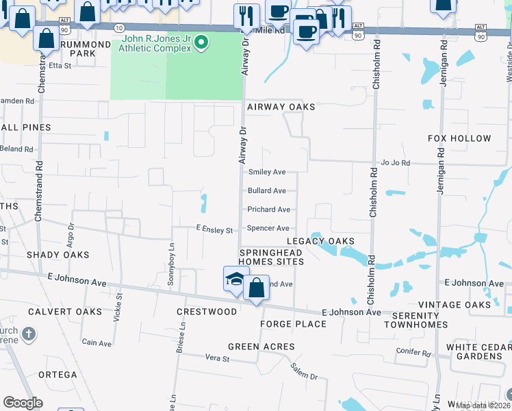 map of restaurants, bars, coffee shops, grocery stores, and more near 629 Bullard Avenue in Pensacola