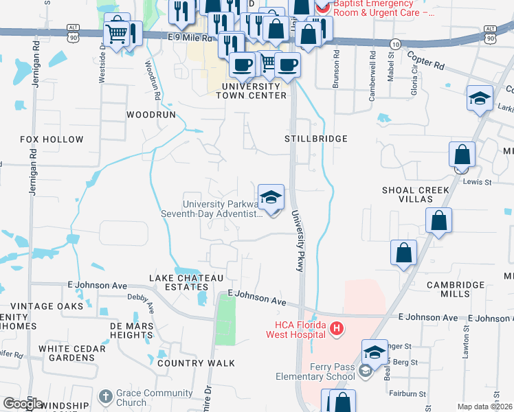 map of restaurants, bars, coffee shops, grocery stores, and more near 9003 Governors Place Court in Pensacola