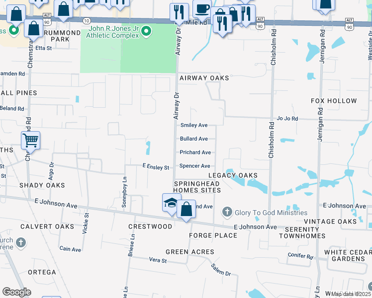 map of restaurants, bars, coffee shops, grocery stores, and more near 629 Bullard Avenue in Pensacola