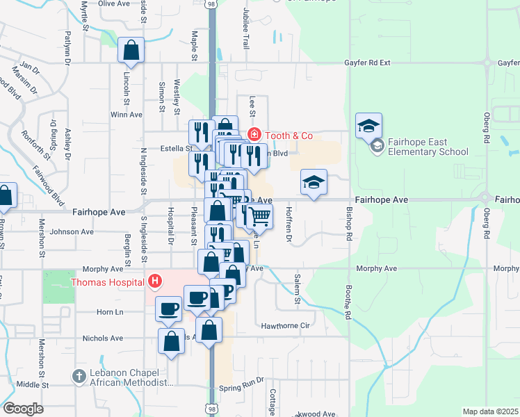 map of restaurants, bars, coffee shops, grocery stores, and more near 105 Lottie Ln in Fairhope