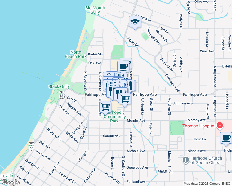 map of restaurants, bars, coffee shops, grocery stores, and more near 327 Fairhope Avenue in Fairhope
