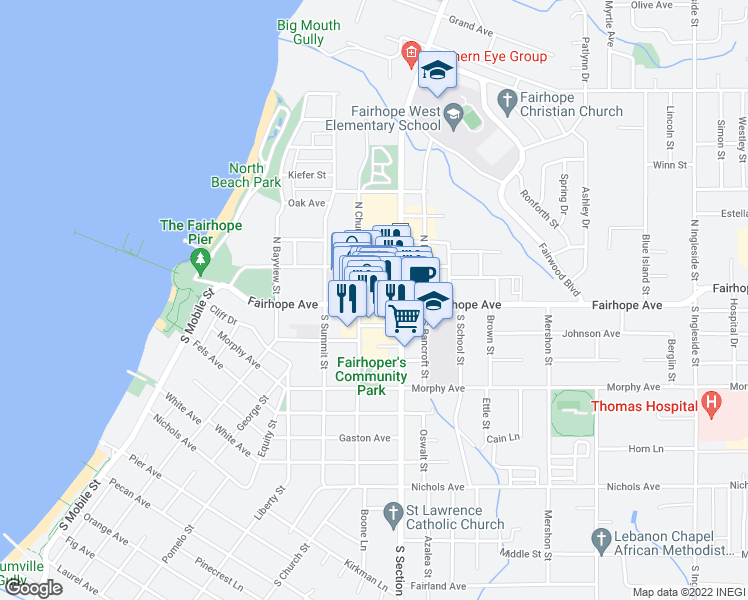 map of restaurants, bars, coffee shops, grocery stores, and more near 325 Fairhope Avenue in Fairhope