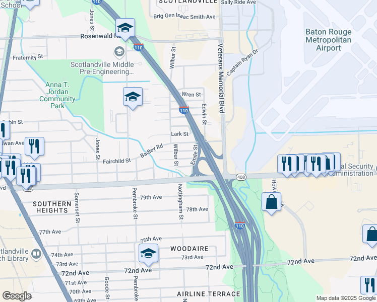 map of restaurants, bars, coffee shops, grocery stores, and more near 2761 Tanner Street in Baton Rouge