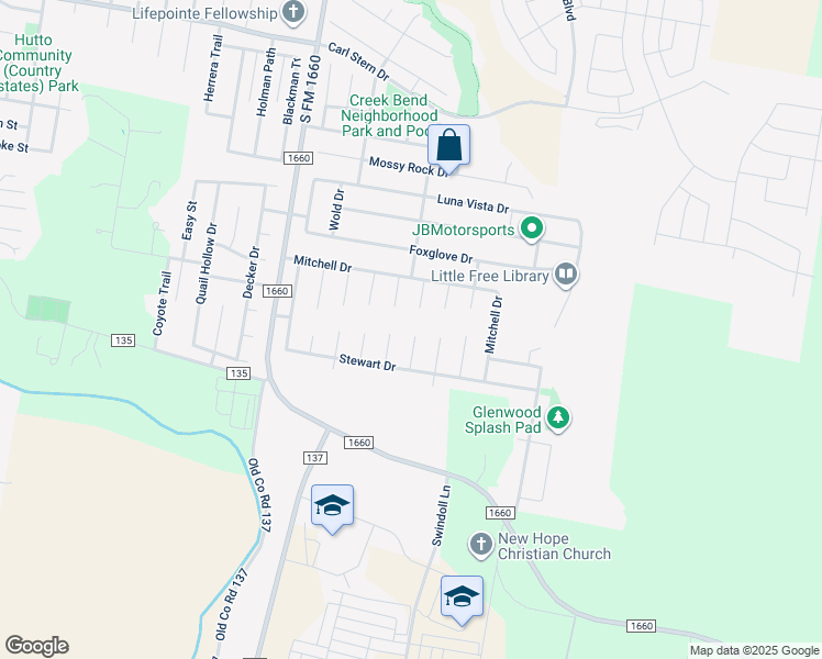 map of restaurants, bars, coffee shops, grocery stores, and more near 615 Losoya Court in Hutto