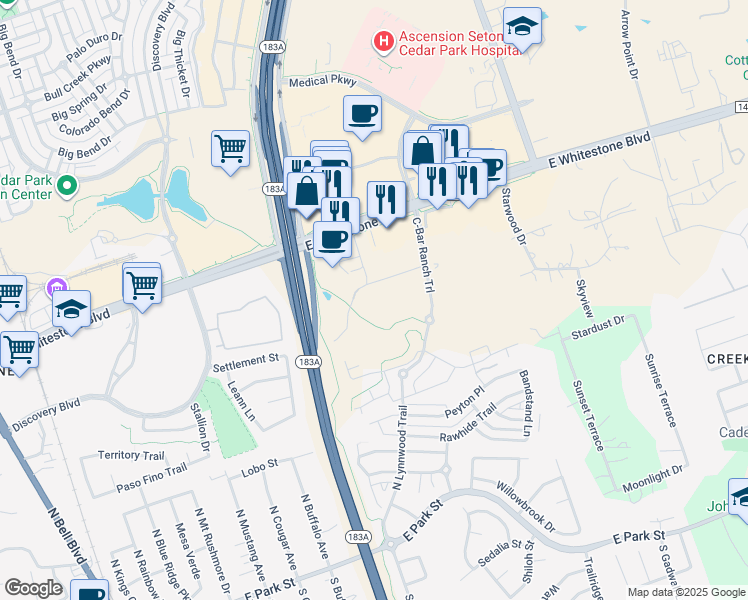 map of restaurants, bars, coffee shops, grocery stores, and more near 805 C-Bar Ranch Trail in Cedar Park