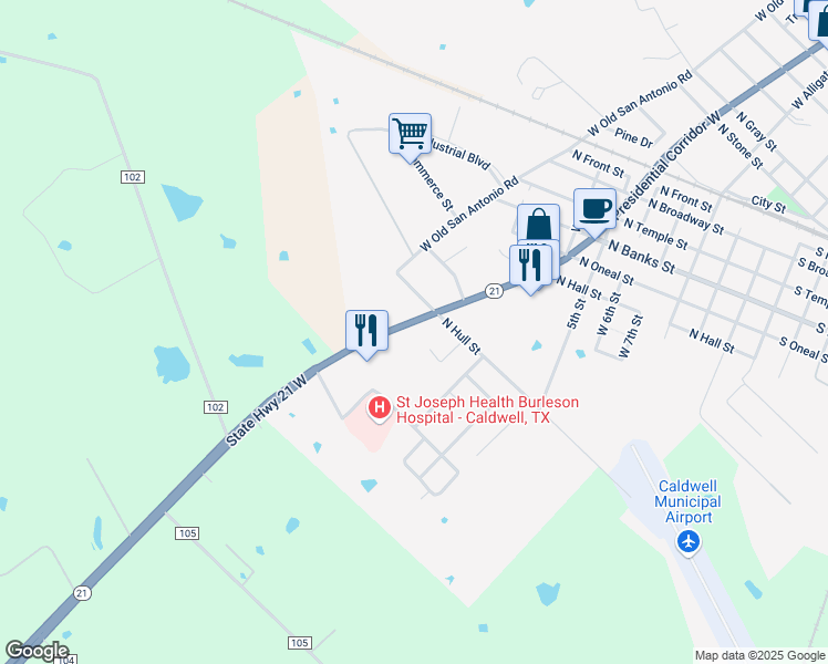 map of restaurants, bars, coffee shops, grocery stores, and more near 1806 State Highway 21 West in Caldwell