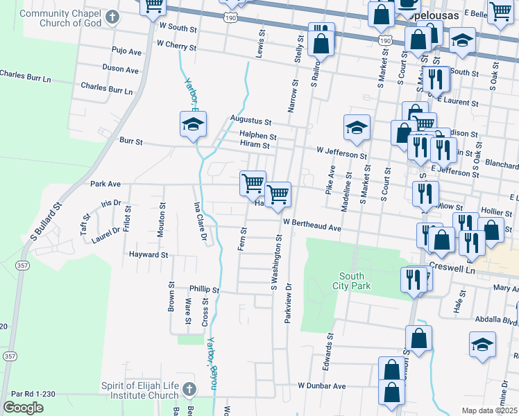 map of restaurants, bars, coffee shops, grocery stores, and more near 737-745 Hall Street in Opelousas