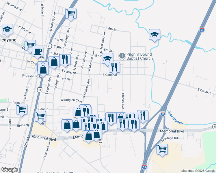 map of restaurants, bars, coffee shops, grocery stores, and more near 105 South Virginia Avenue in Picayune