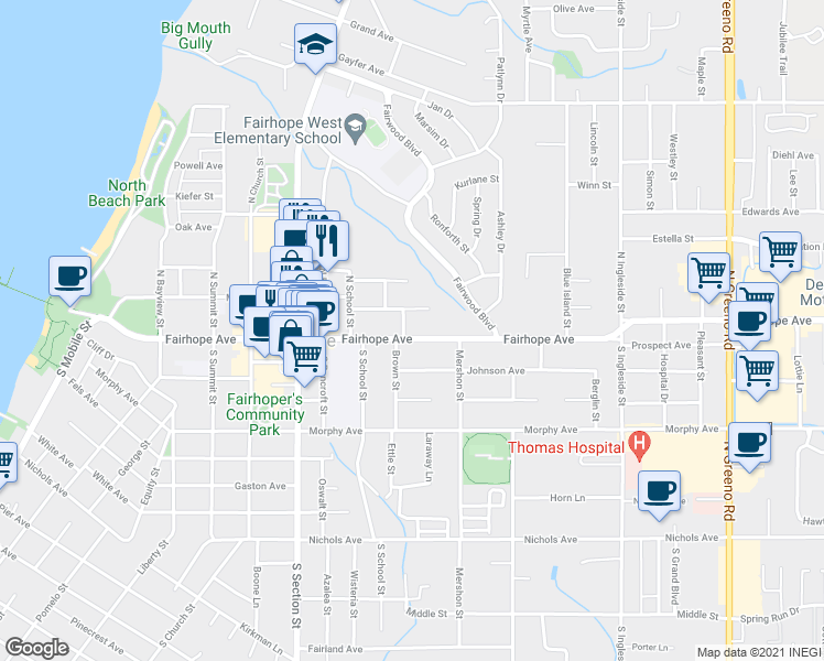 map of restaurants, bars, coffee shops, grocery stores, and more near 553 Fairhope Avenue in Fairhope