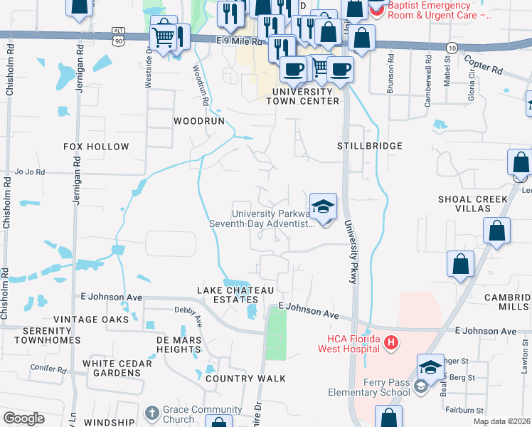 map of restaurants, bars, coffee shops, grocery stores, and more near 2349 Creekside Court in Pensacola