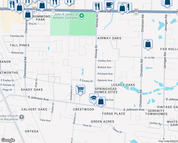 map of restaurants, bars, coffee shops, grocery stores, and more near 8700 Airway Drive in Pensacola