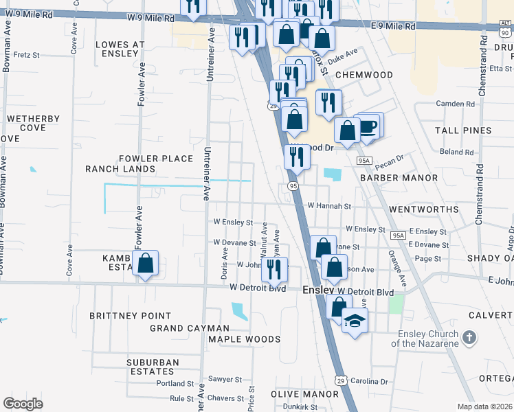 map of restaurants, bars, coffee shops, grocery stores, and more near 450 West Hannah Street in Pensacola