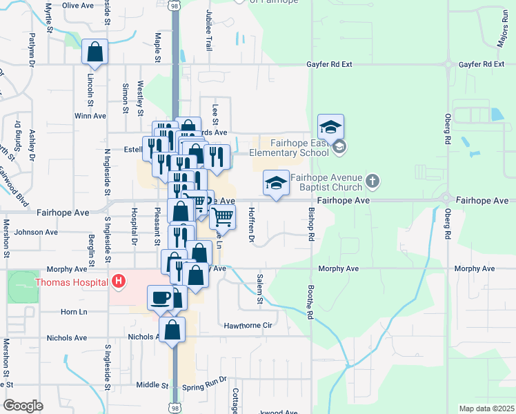 map of restaurants, bars, coffee shops, grocery stores, and more near 1050 Fairhope Avenue in Fairhope