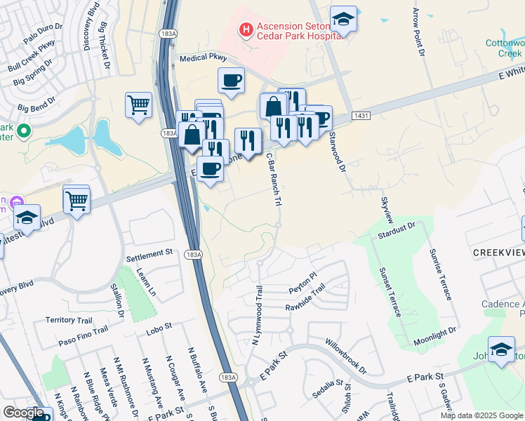 map of restaurants, bars, coffee shops, grocery stores, and more near 1401 Medical Parkway in Cedar Park