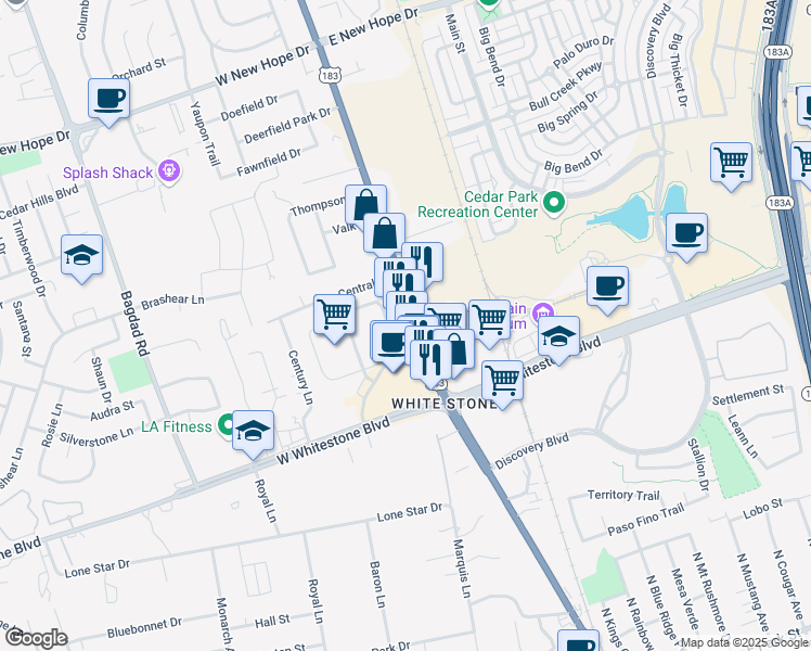 map of restaurants, bars, coffee shops, grocery stores, and more near 1201 North Bell Boulevard in Cedar Park