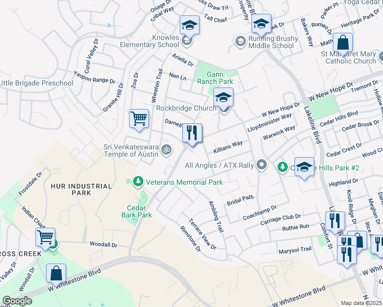 map of restaurants, bars, coffee shops, grocery stores, and more near 2006 West New Hope Drive in Cedar Park