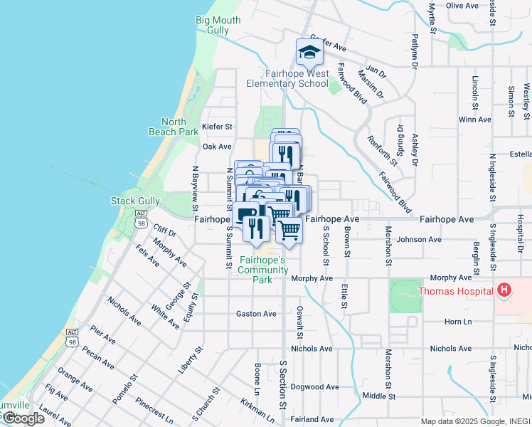 map of restaurants, bars, coffee shops, grocery stores, and more near 327 Fairhope Avenue in Fairhope