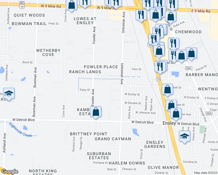 map of restaurants, bars, coffee shops, grocery stores, and more near 8670 Fowler Avenue in Pensacola
