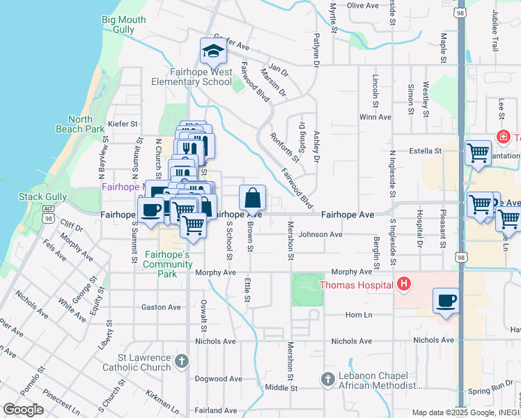 map of restaurants, bars, coffee shops, grocery stores, and more near 553 Fairhope Avenue in Fairhope