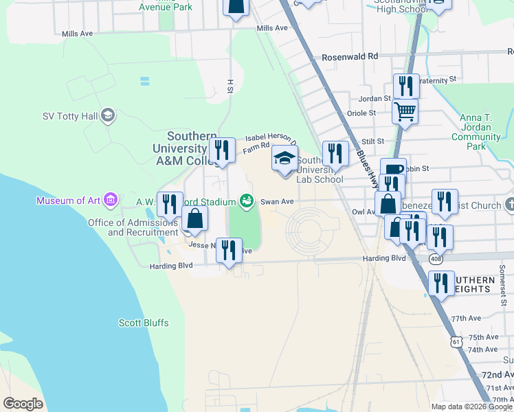 map of restaurants, bars, coffee shops, grocery stores, and more near E Street in Baton Rouge