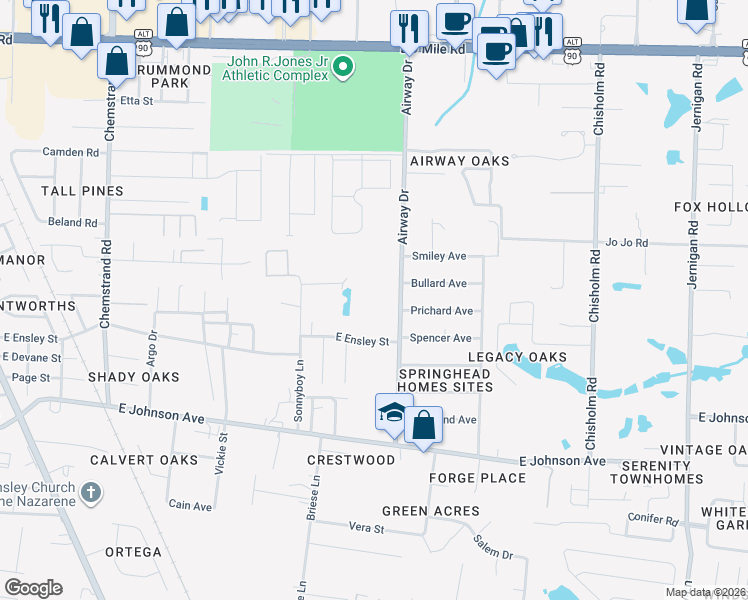 map of restaurants, bars, coffee shops, grocery stores, and more near 8700 Airway Drive in Pensacola