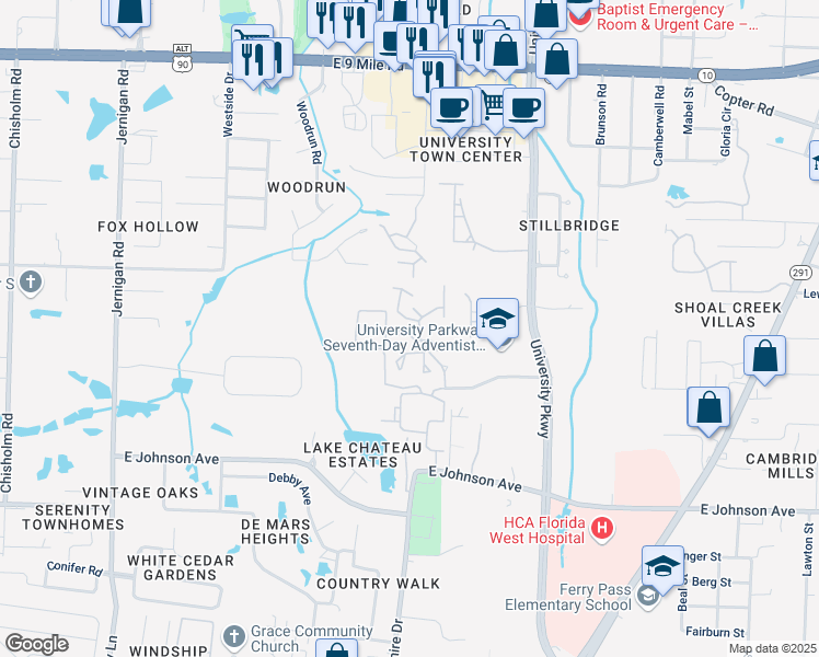 map of restaurants, bars, coffee shops, grocery stores, and more near 110 Creekside Court in Pensacola