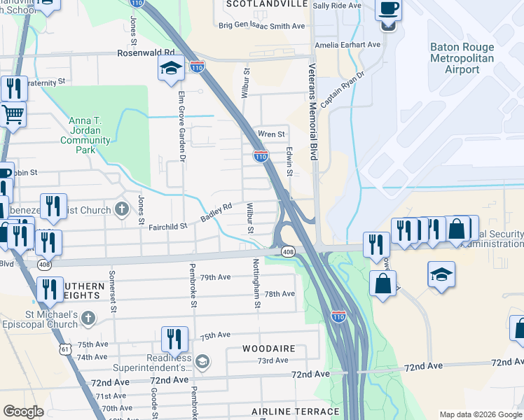 map of restaurants, bars, coffee shops, grocery stores, and more near 2761 Tanner Street in Baton Rouge