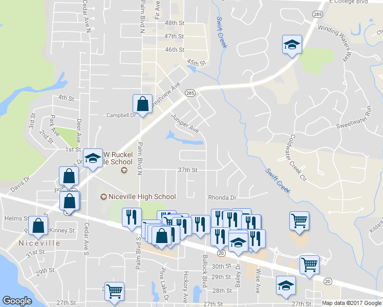map of restaurants, bars, coffee shops, grocery stores, and more near 218 Honeysuckle Way in Niceville