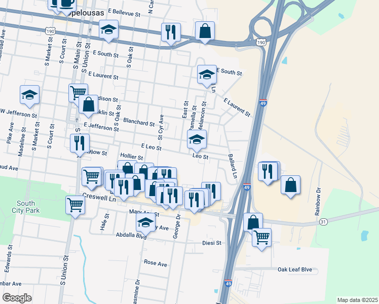 map of restaurants, bars, coffee shops, grocery stores, and more near 1100 East Leo Street in Opelousas