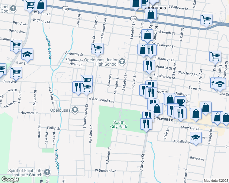 map of restaurants, bars, coffee shops, grocery stores, and more near 200-298 W Tennis St in Opelousas